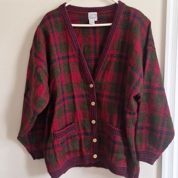 Vintage 80s Hastings & Smith Wool Blend Plaid Cardigan Sweater Red Green Size 2X - Picture 1 of 6